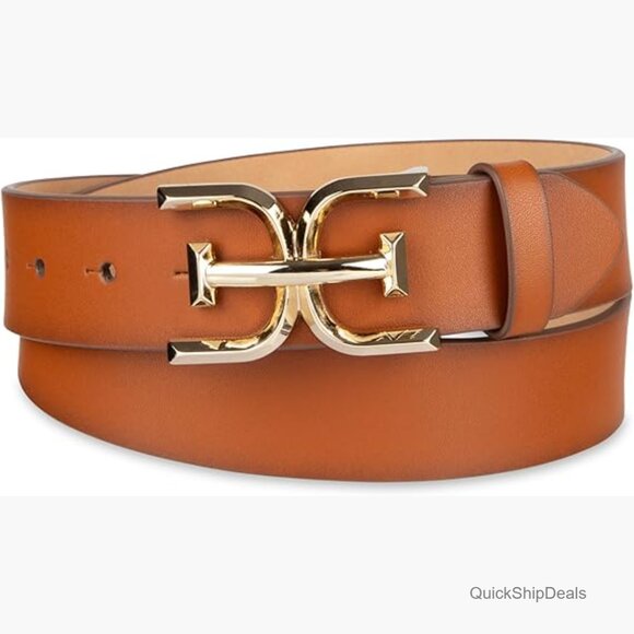 Leather and Polyurethane Belt with Double-E Logo Plaque Buckle display picture 1